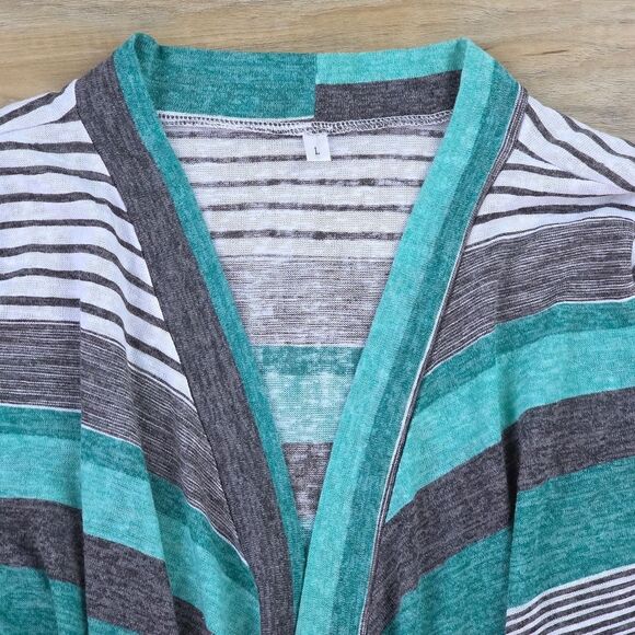 🔸️Blue, Teal, & Gray Striped Cascading Open Front Cardigan Kimono Large - Picture 7 of 12
